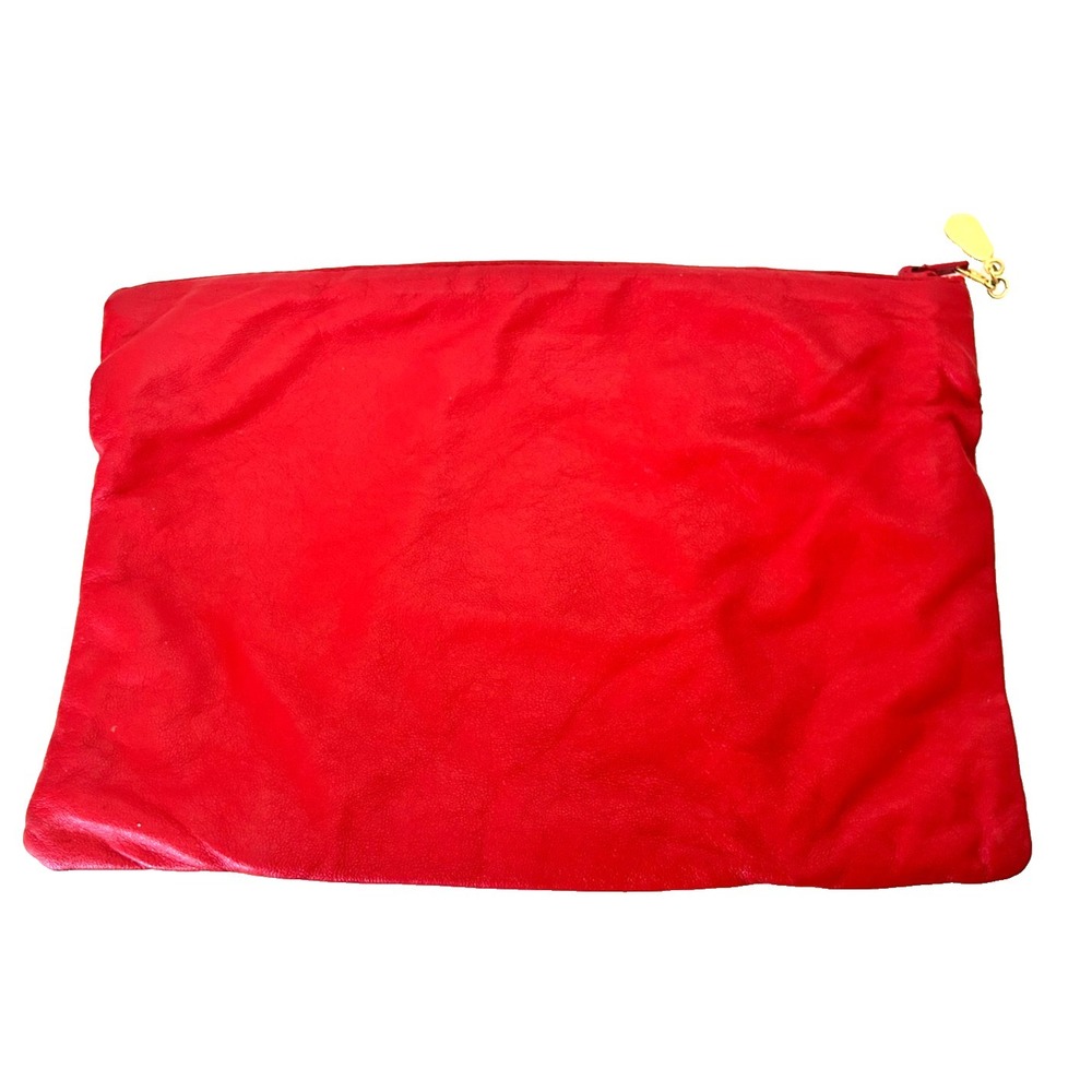 1980s Vintage Italian Red Leather Envelope Clutch Bag Ruched Slouchy Top Zip NOS - Picture 6 of 8